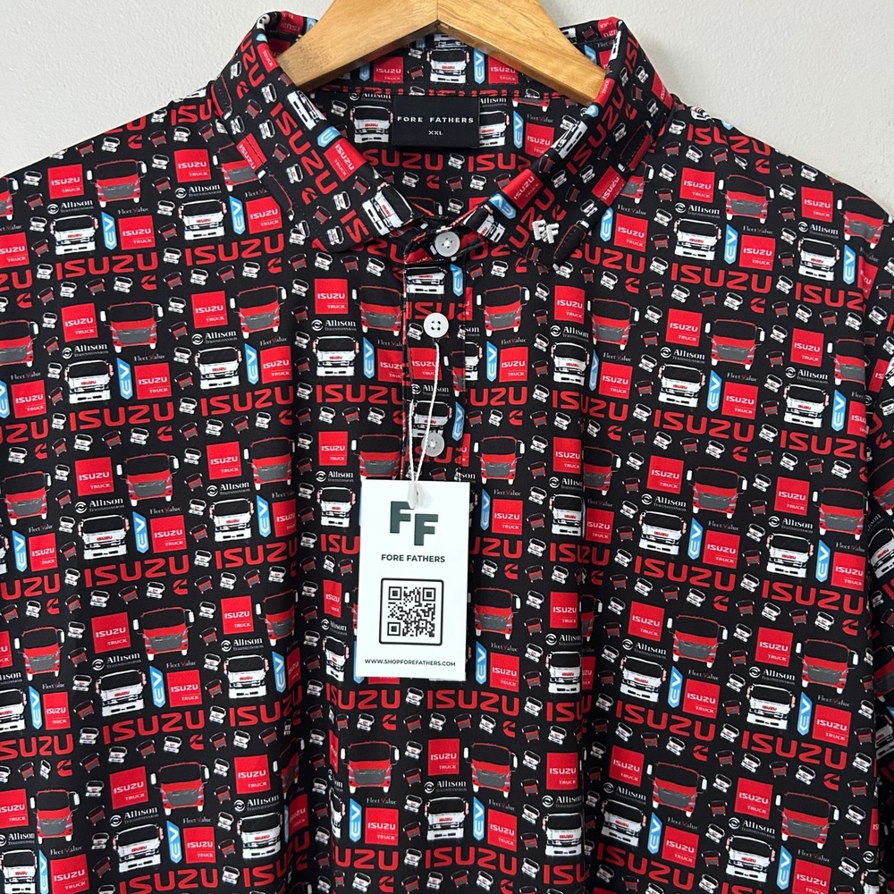 Fore Fathers Polo Shirt Mens XXL Isuzu Truck All Over Print‎ Performance NWT
